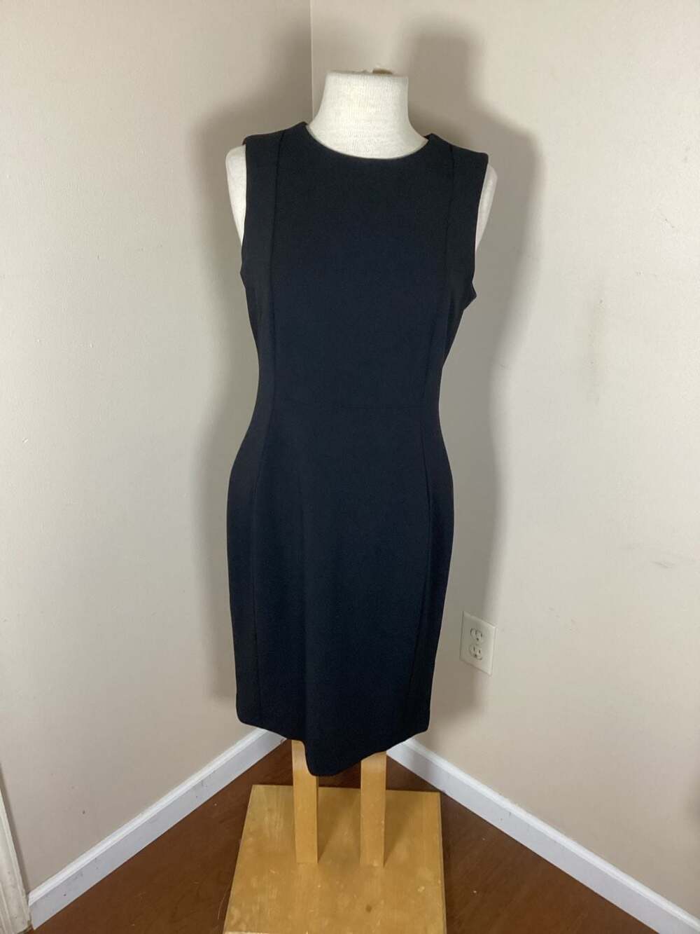 Calvin Klein Black Sleeveless Sheath Dress with Gold Exposed Back Zipper